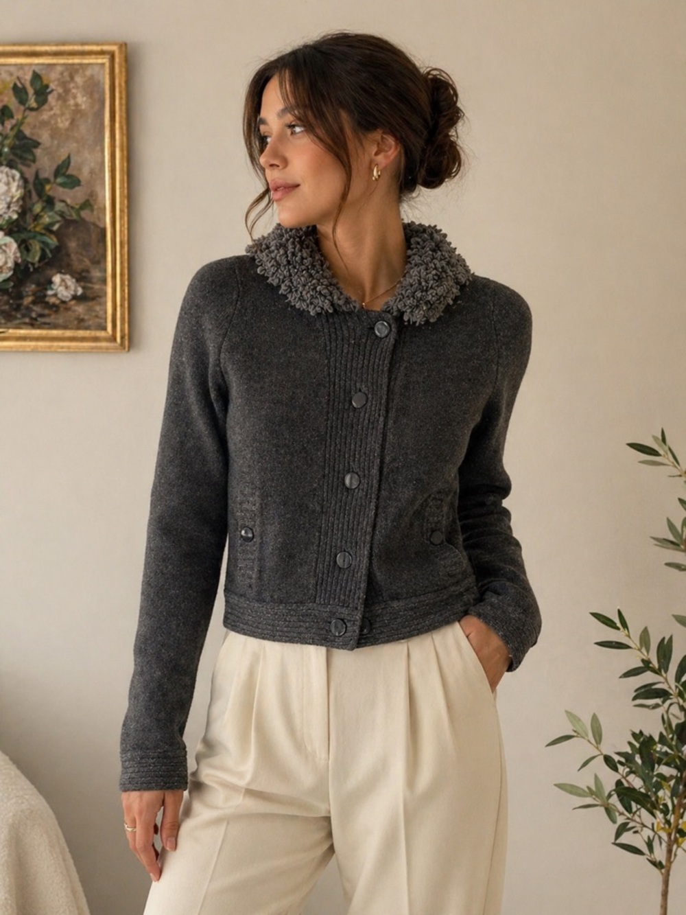 Gap Wool Cardigan Jacket XS Gray Sherpa Collar Button Front Cozy Classic - Picture 3 of 7